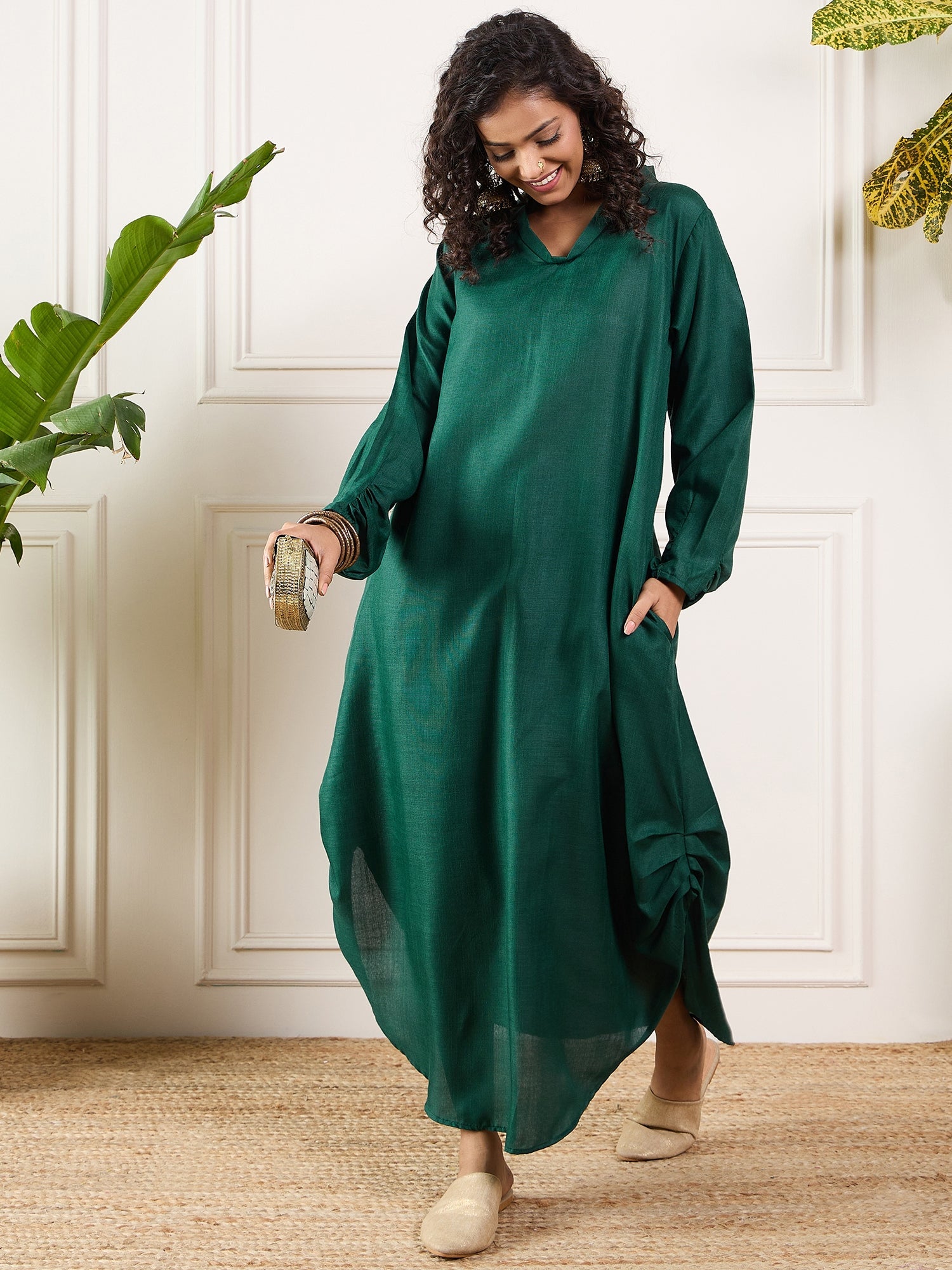 Women's Dark Green Shawl Neck Pleat Dress - InWeave