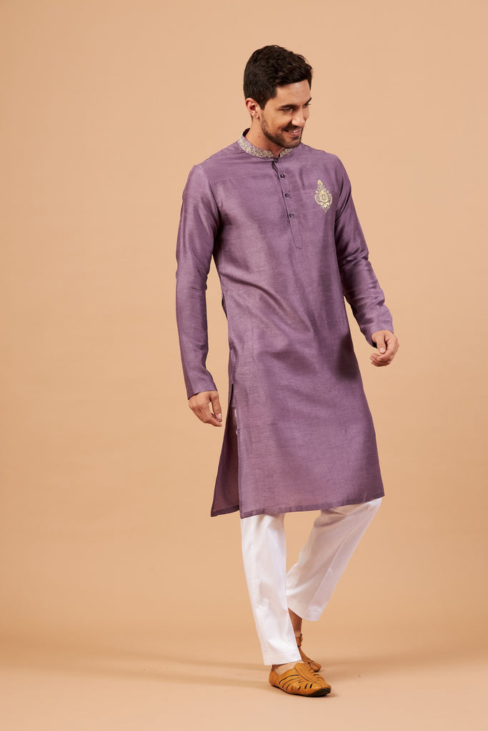 Men's Purple Color Inara Gold Embroidered Kurta Semi Raw Silk Mix