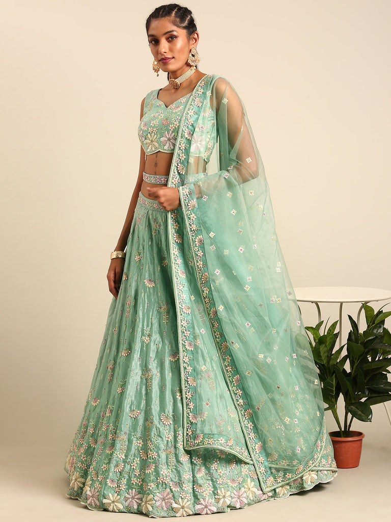 Women 's Sea Green Georgette heavy Sequinse embroidery Ready to Wear Lehenga choli & Dupatta