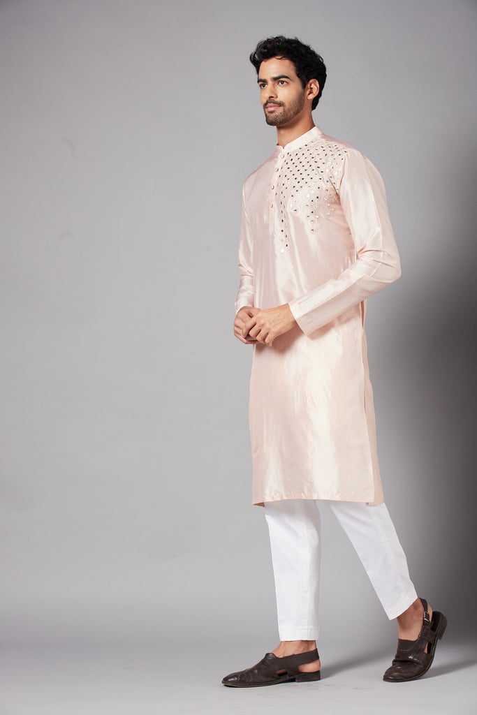 Men's Peach Color Rooyi Position Mirror Work Kurta Dupion