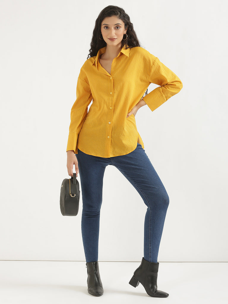 Women's Airy Linen Textured Casual Oversize Yellow Shirt