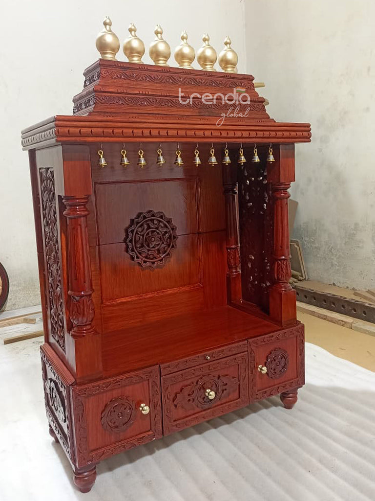 Solid Teak Wood Pooja Mandir with Temple Bells