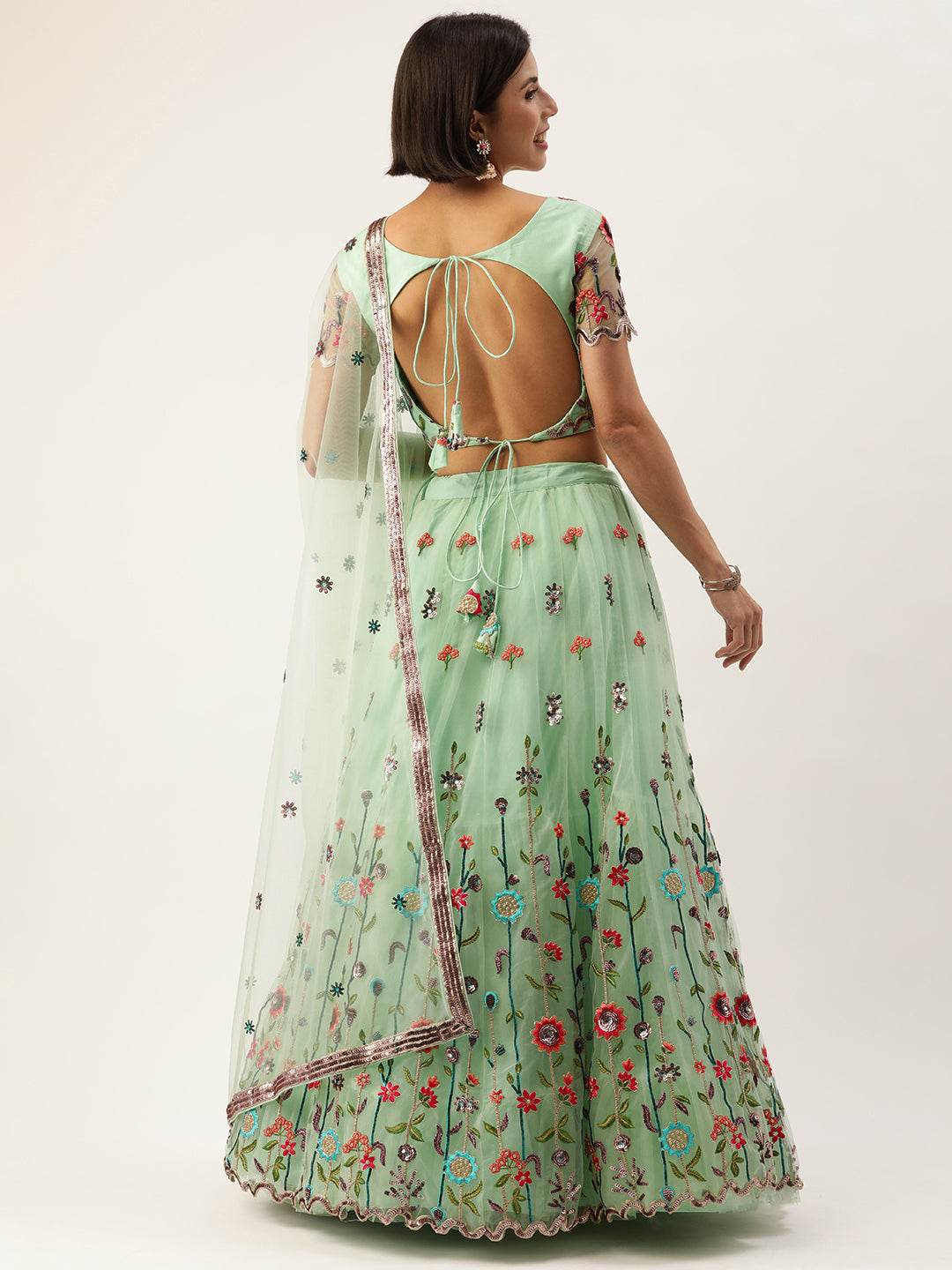 Women's Seagreen - Net Sequin Embroidered Ready To Wear  Lehenga - Royal Dwells