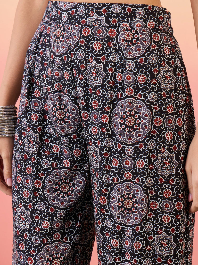Women's Black Maroon Ajrakh Foil V Neck Flared Kurta Pant Set
