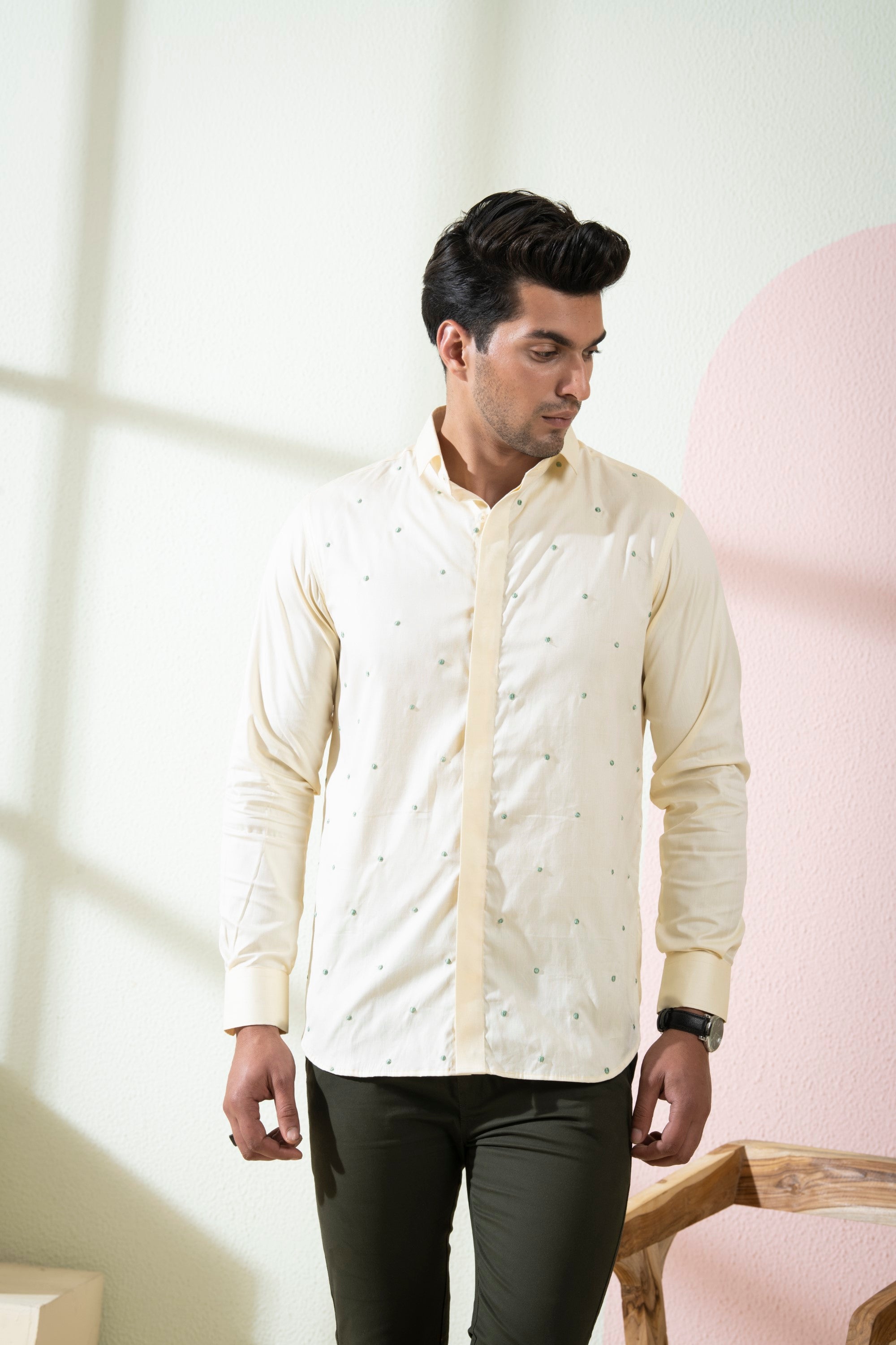 Men's Beige Color Oat Full Sleeves Shirt - Hilo Design