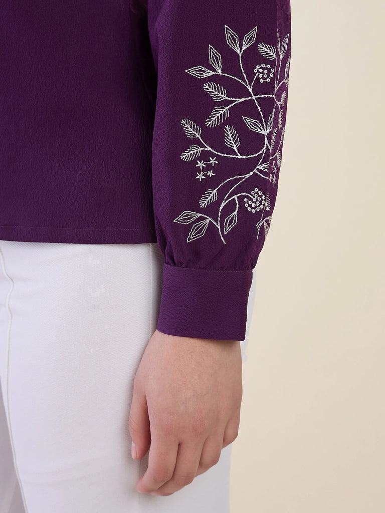 Women's Purple Embroidered Peter Pan Collar Shirt