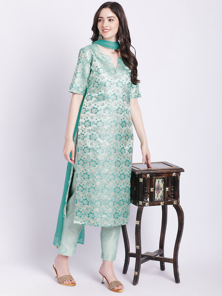 Women's Aqua Green Banarsi Straight Kurti With Pants And Chiffon Dupatta