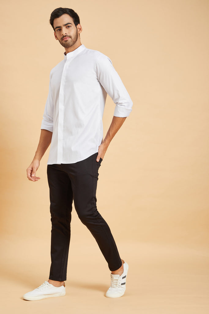 Men's Grey Color Jejune Chinese Collar Shirt Full Sleeves Casual Shirt