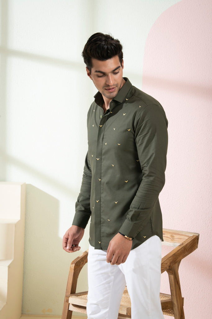Men's Olive Green Color Avian Full Sleeves Shirt