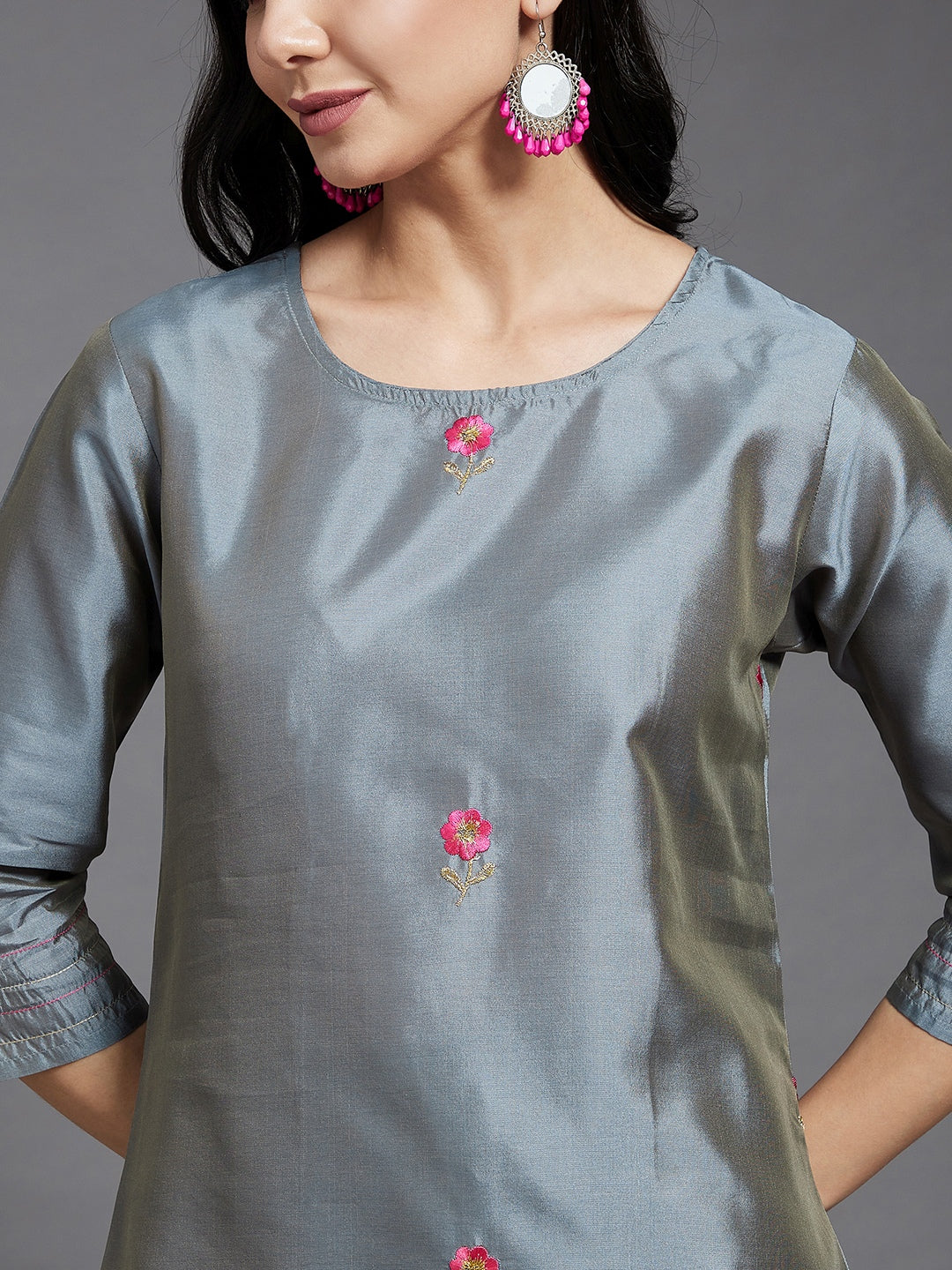 Women's Grey And Pink Embroidered Side Slit Straight Kurta With Palazzo And Dupatta Set