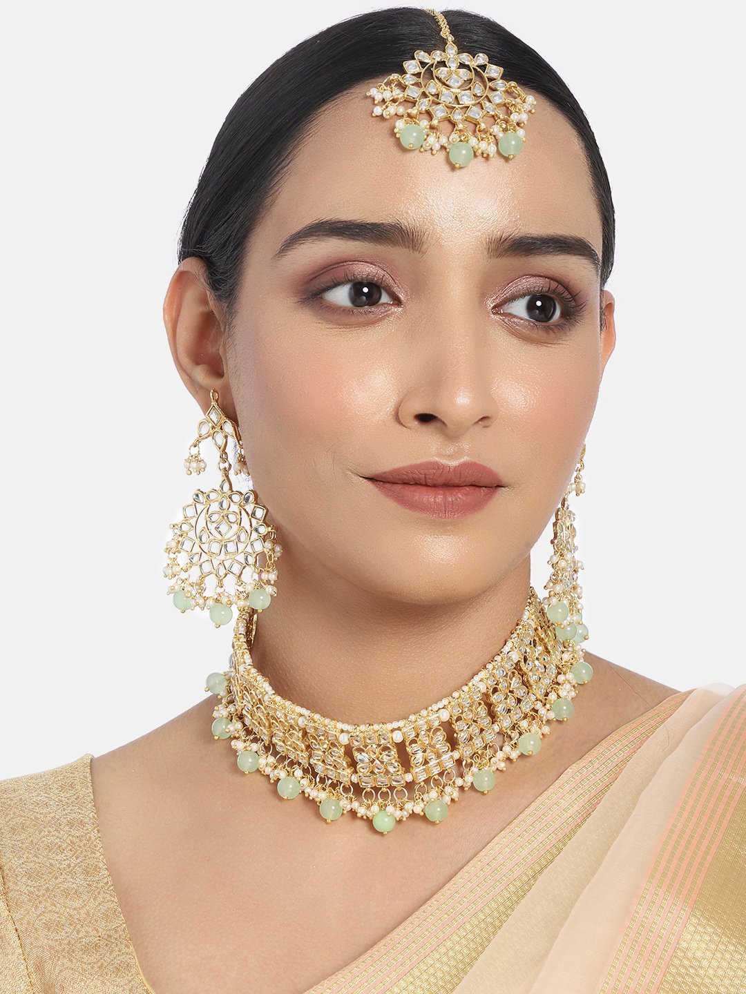 Women's Gold PlatedMint Kundan & Pearl Studded Choker Necklace Set with Earrings & Maang Tikka