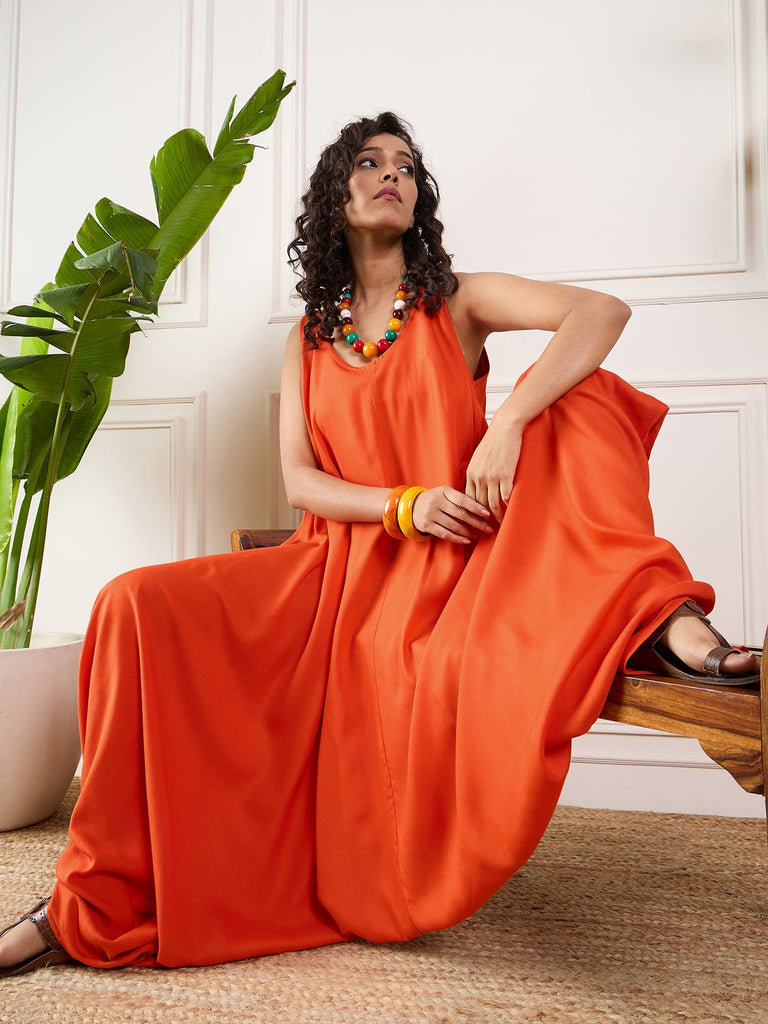 Women's Orange Round Sleeveless Jumpsuit
