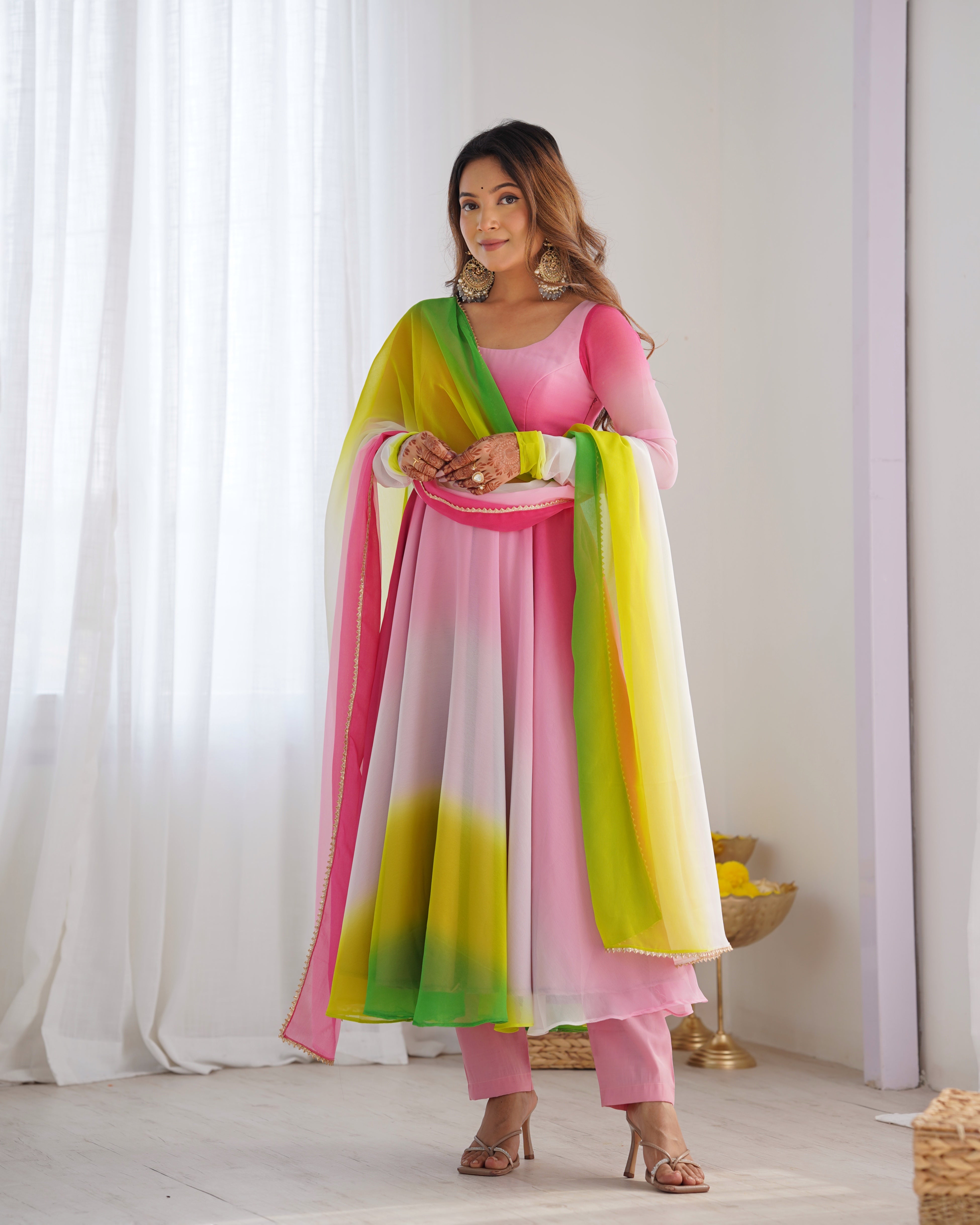 Women's Yellow Anarkali Fabric*:?? Heavy Pure Soft Faux Georgette Colourfull Padding Lace Solid Anarkali Set