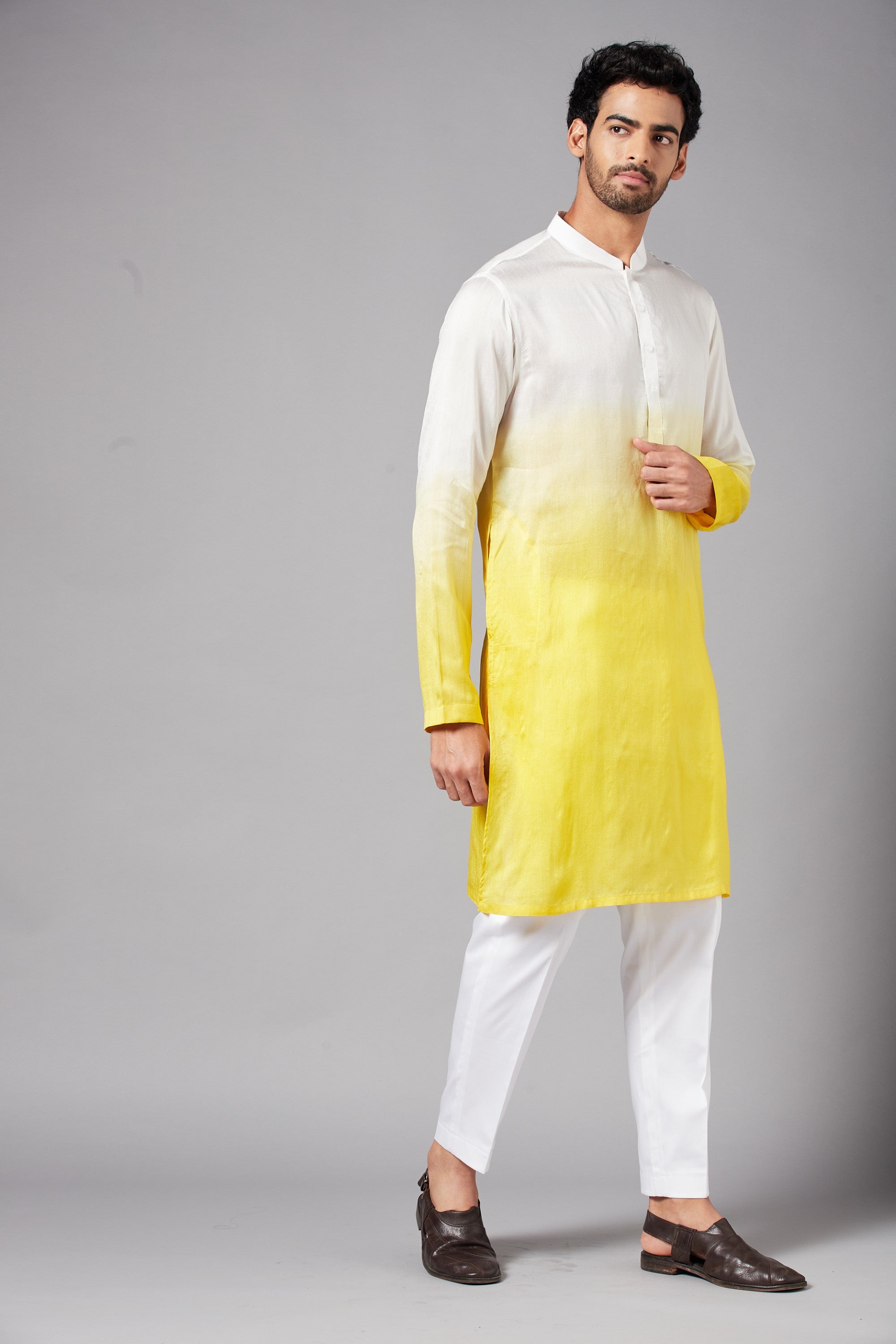 Men's White & Yellow Colorwhillombre Semi Raw Silk Mix