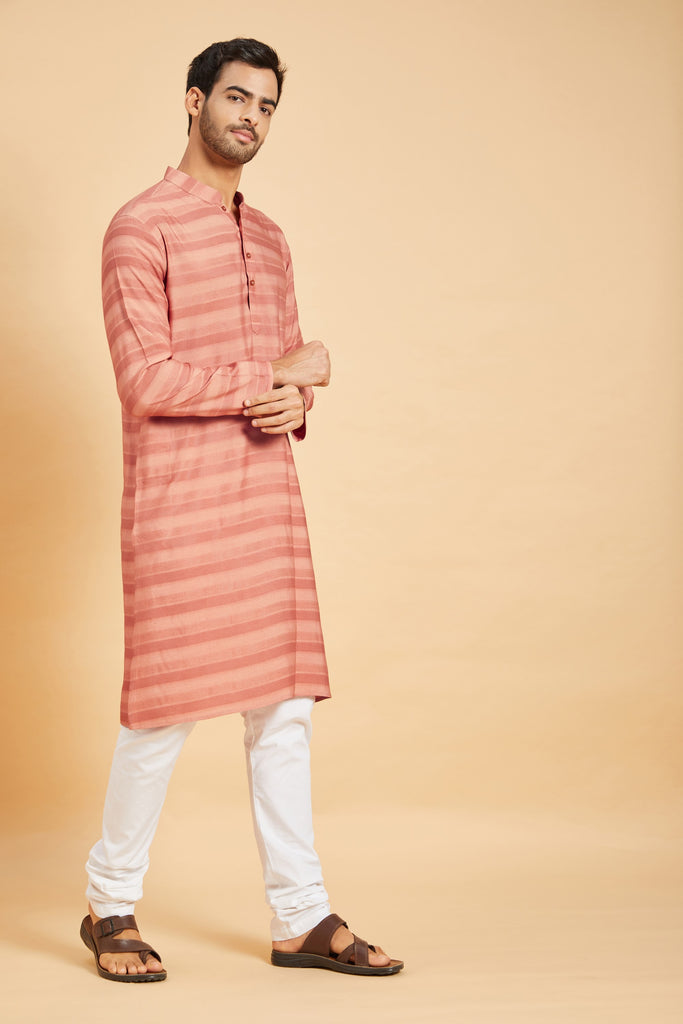 Men's Peach Color Preach Basik Kurta Jacquard