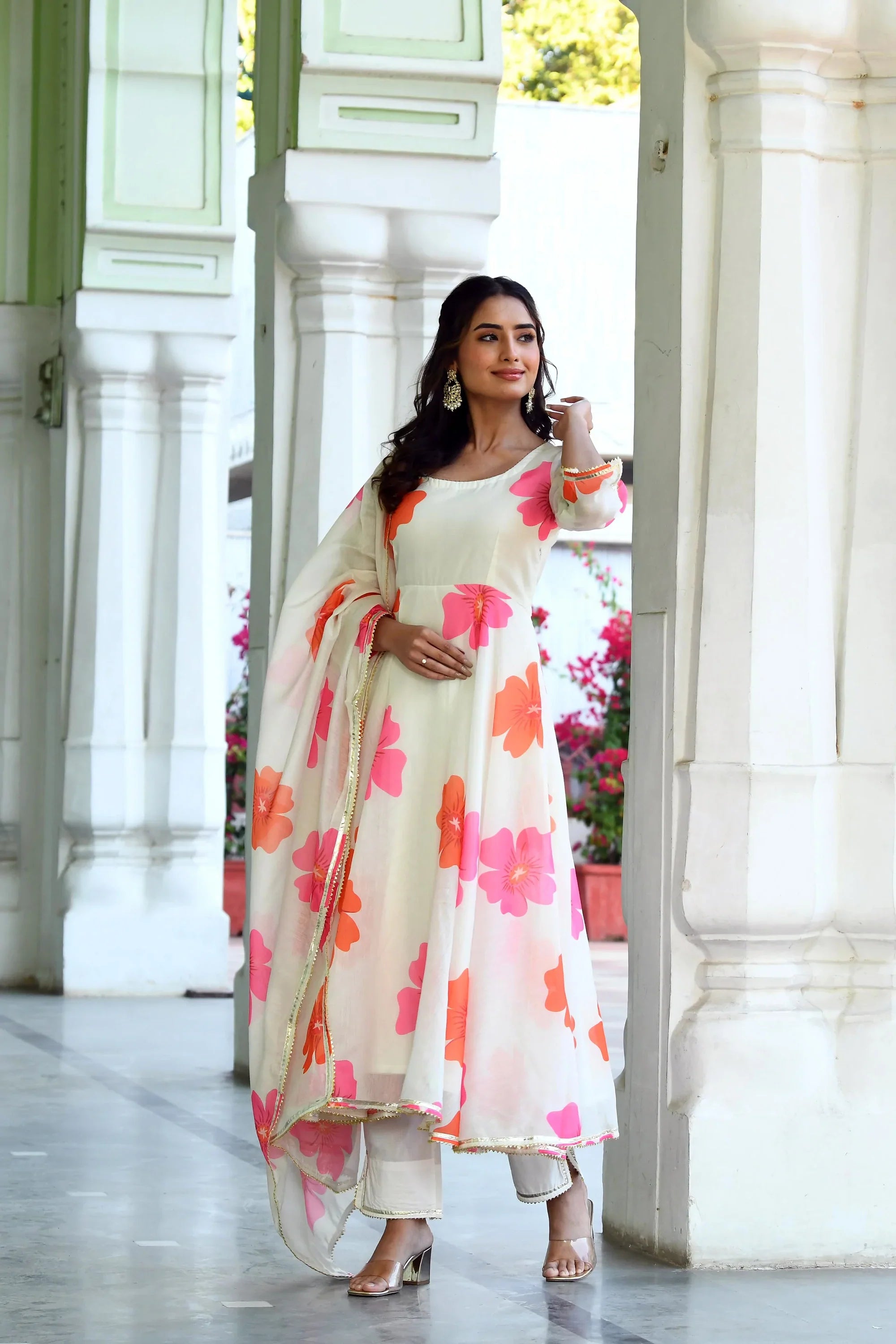 Women's Floral Print White Anarkali Suit - Saras The