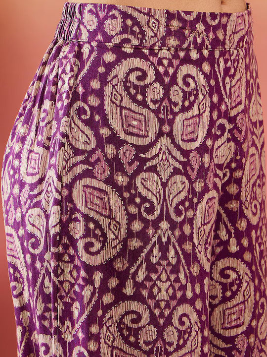 Women's Dusty Mauve Paisley Round Neck Kurta Short Palazzo Set