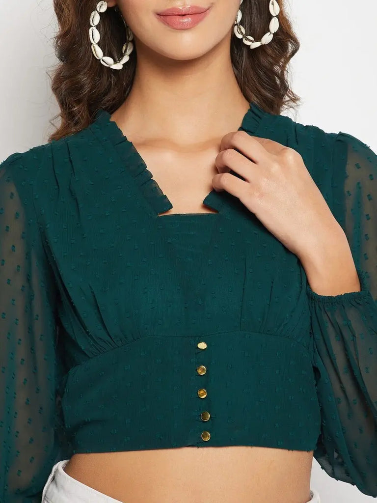 winered-green-cotton-tops-for-women-frill-neck-crop-top