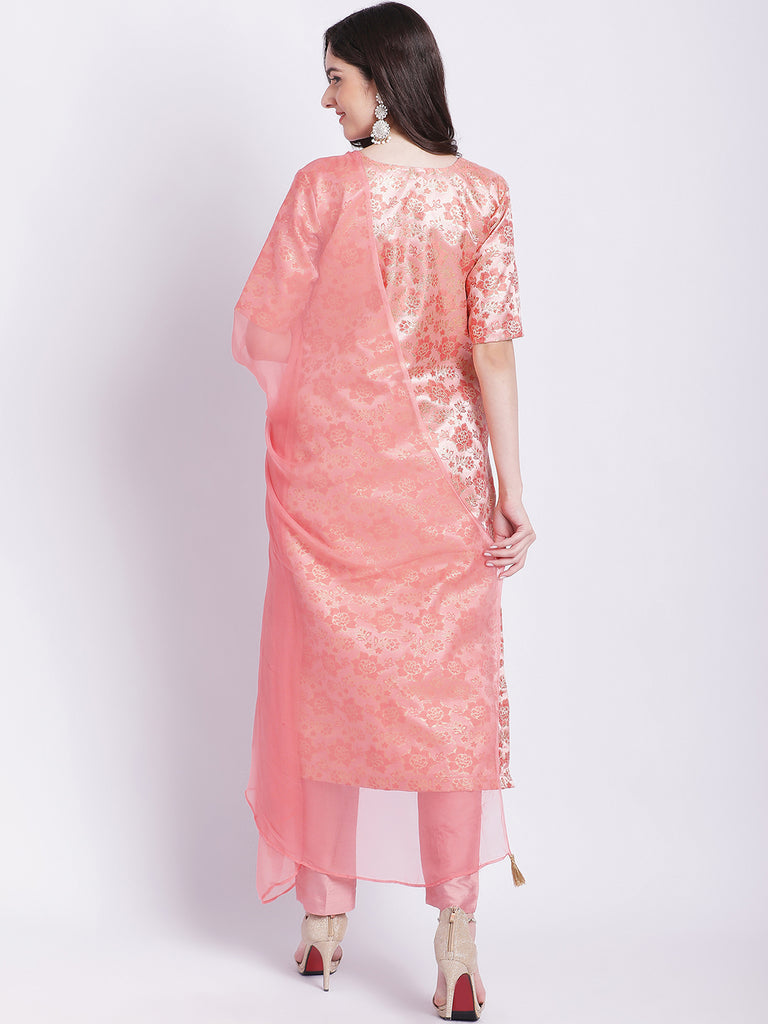 Women's Peach Banarsi Straight Kurti With Pants And Chiffon Dupatta
