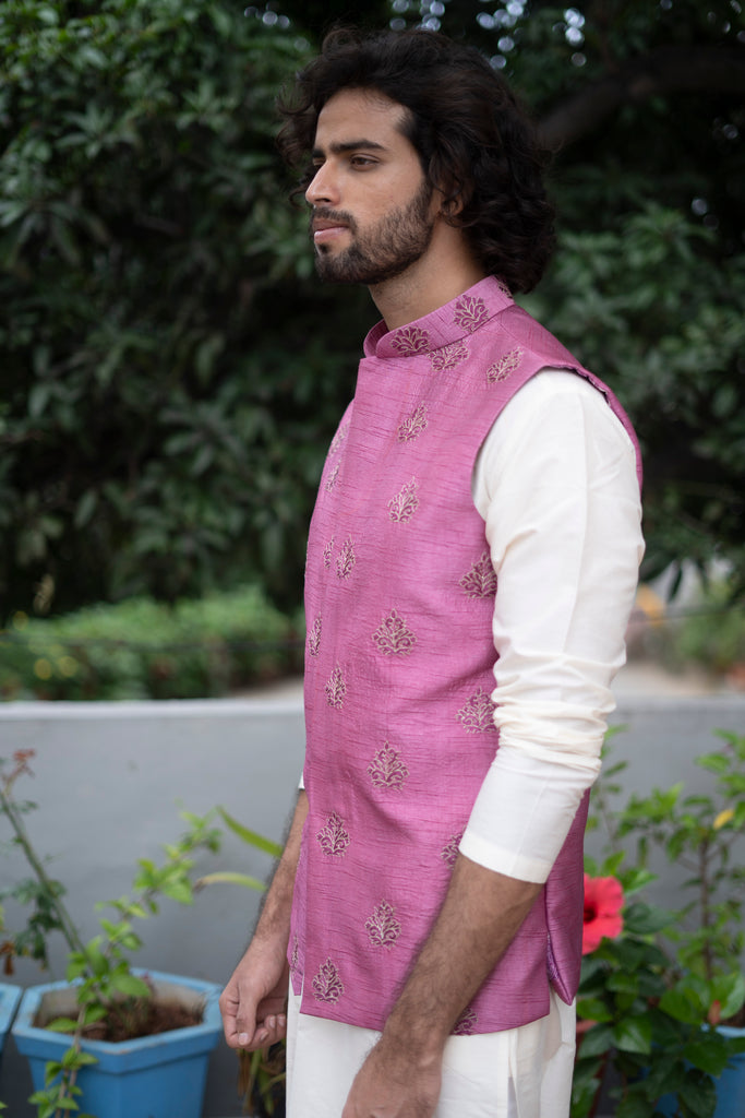 Men's Mauve Color Jacket With Kurta Pant Set