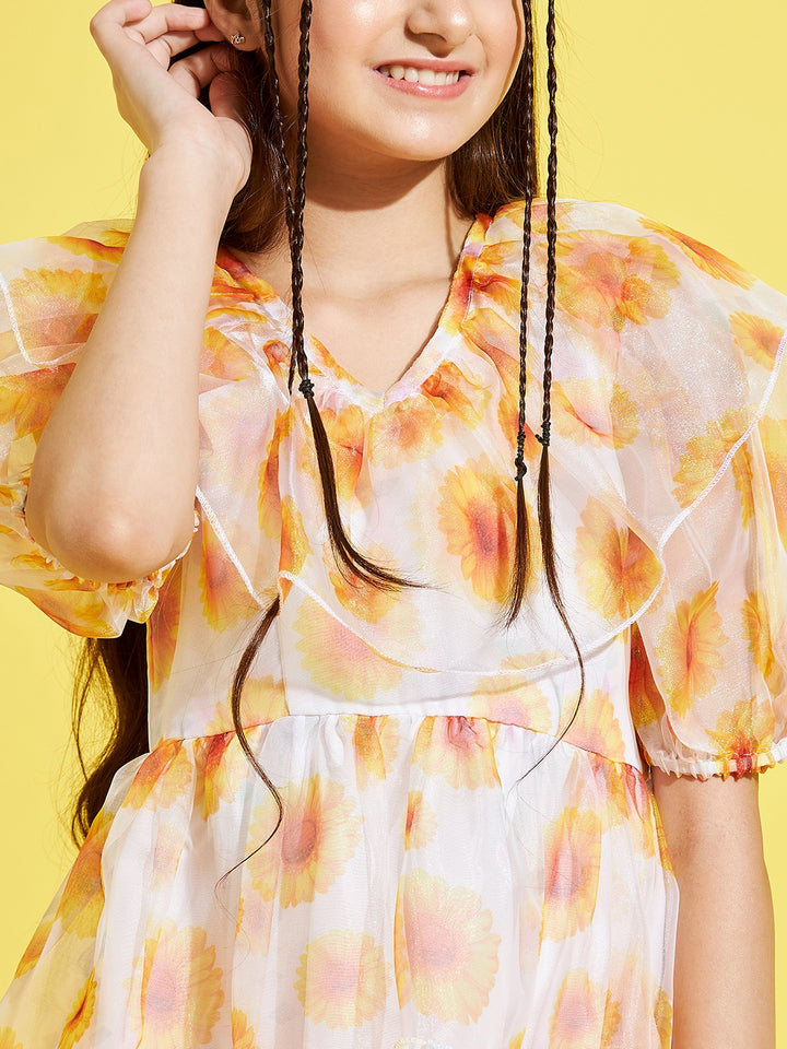 Girl's Cream Polyester Printed Dress