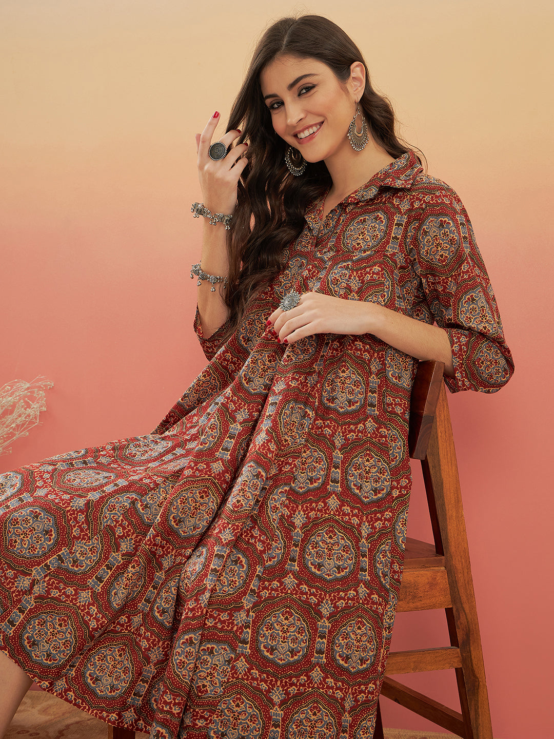 InWeave Maroon Mughal Kalamkari Flared Dress XXL for Women InWeave Maroon Mughal Kalamkari Flared Dress XXL for Women