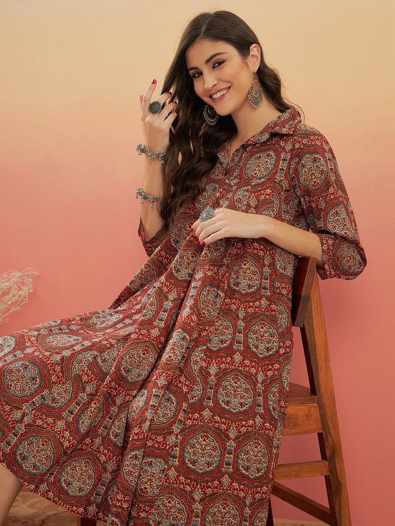 Women's Maroon Mughal Kalamkari Flared Dress