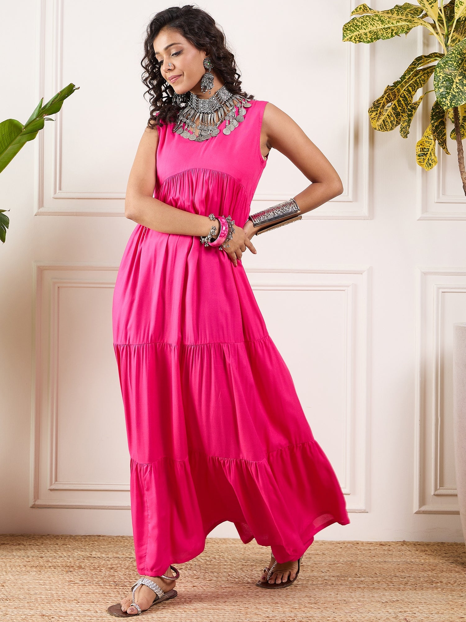 Women's Pink V Neck Sleeveless Long Tiered Dress - InWeave