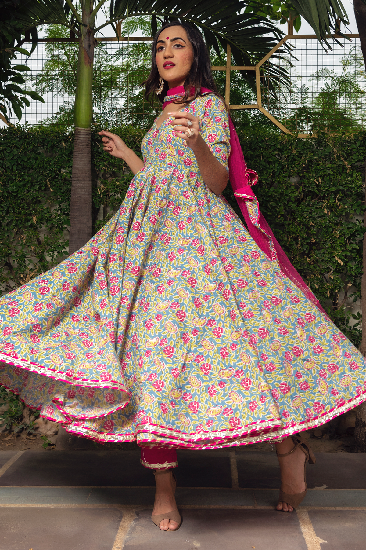 Women Multicolor Cotton Anarkali Kurta with Pant