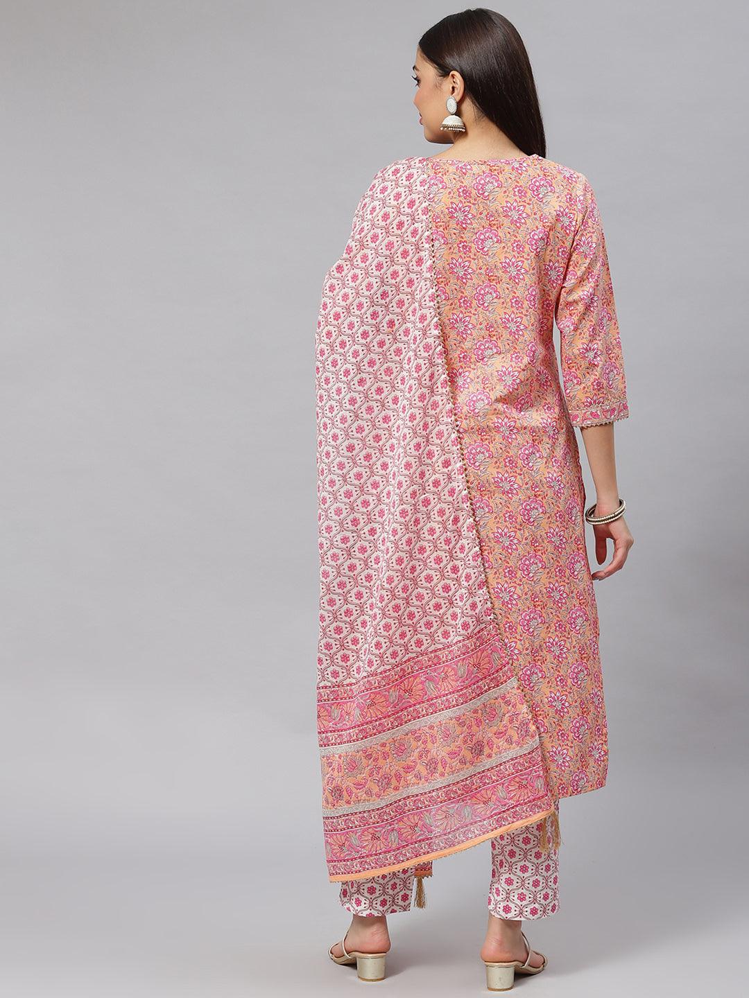 Women's Pink Cotton kurta Pant set with Dupatta - Taantav