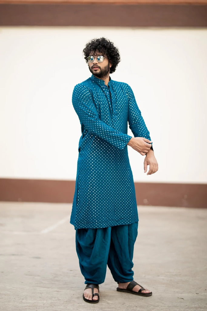 Men's Teal Blue Color Teal Blue Mirror Kurta + Patiala Pants Georgette & Santone