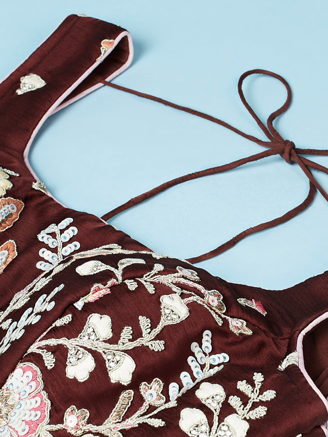 Women's Brown - Pure Georgette Thread & Sequins Work Ready To Wear Lehenga - Royal Dwells