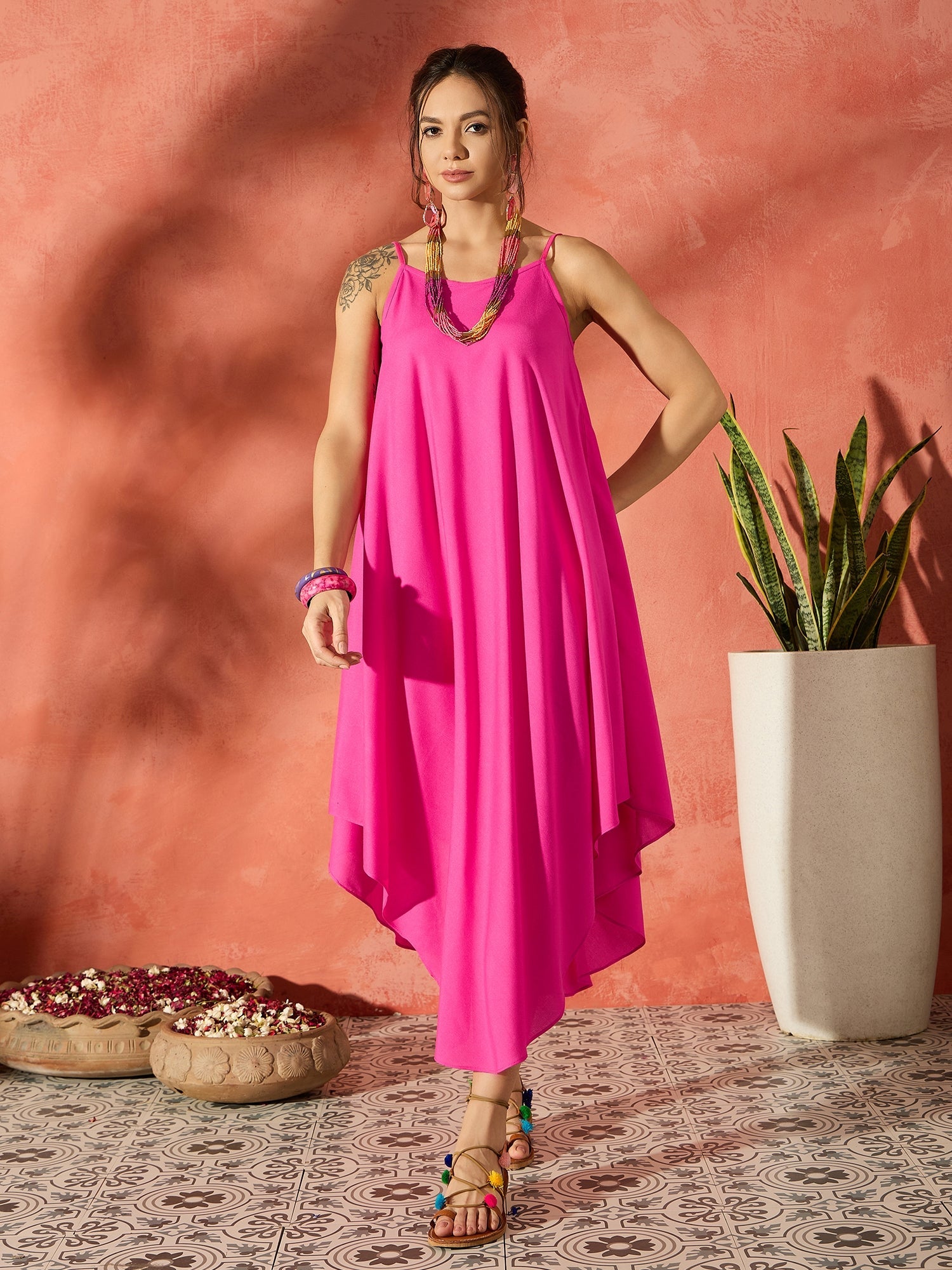 Women's Blue Floral Fuchsia Asymmetrical Dress - InWeave