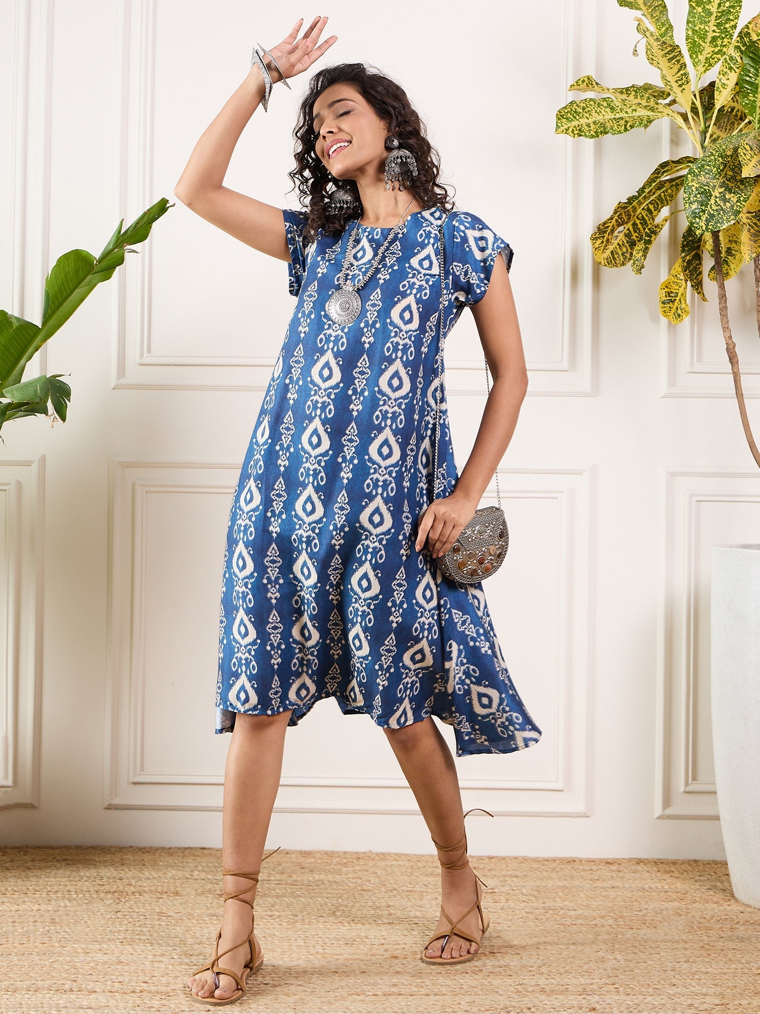 Women's Elegant Blue Ikkat Print Round Neck Aline Dress - InWeave