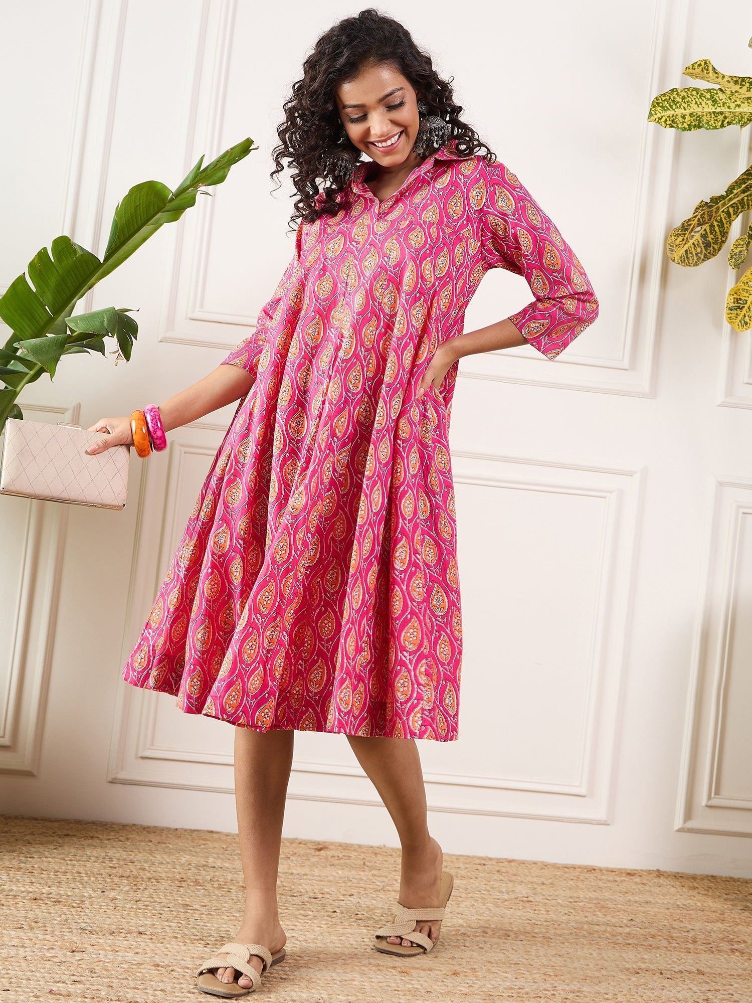 Women's Fuchsia Orange Ajrak Leaves Collar Flared Dress - InWeave