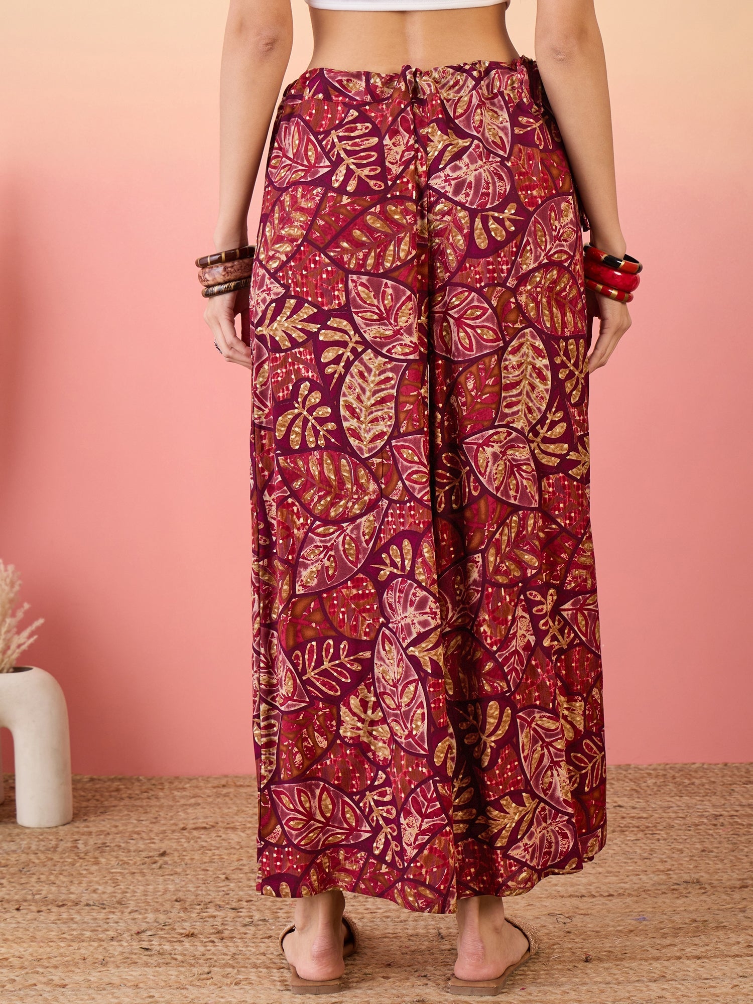 Women's Wine Maroon Leaf Print Foil Free Palazzo - InWeave