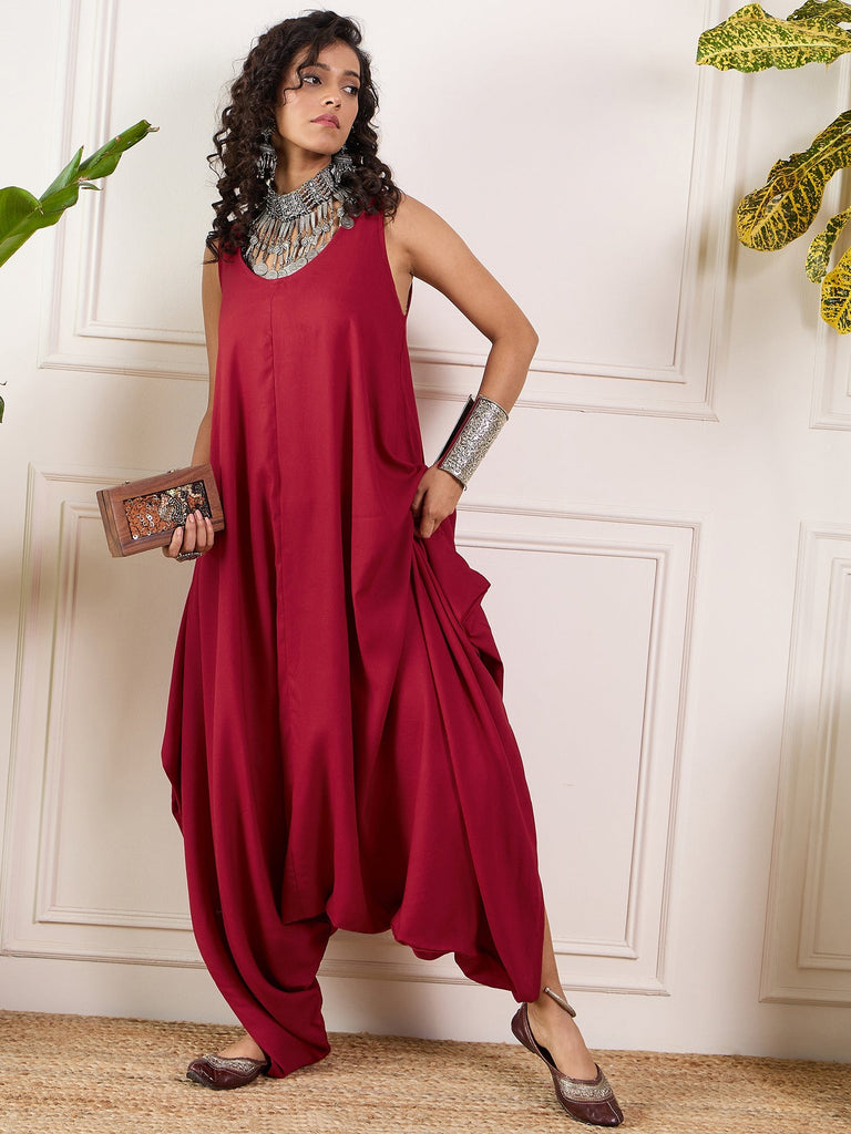 Women's Maroon Round Sleeveless Jumpsuit