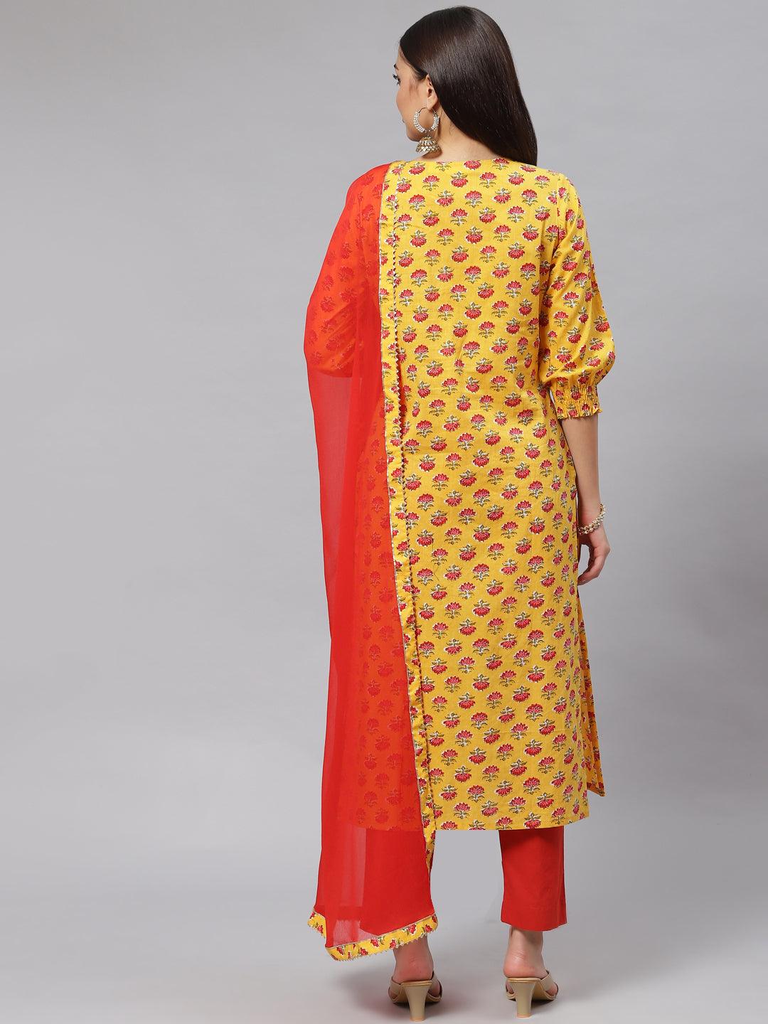 Women's Yellow Floral Cotton Kurta Pant Set with Dupatta - Taantav