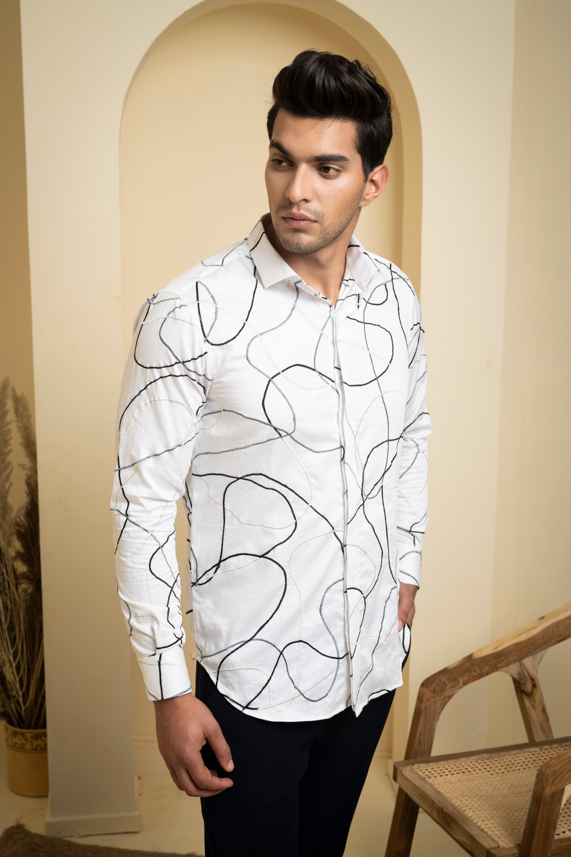 Men's White Color Seiche Designer Abstract White Shirt Full Sleeves Casual Shirt - Hilo Design