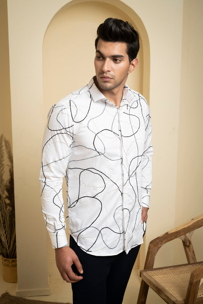 Men's White Color Seiche Designer Abstract White Shirt Full Sleeves Casual Shirt
