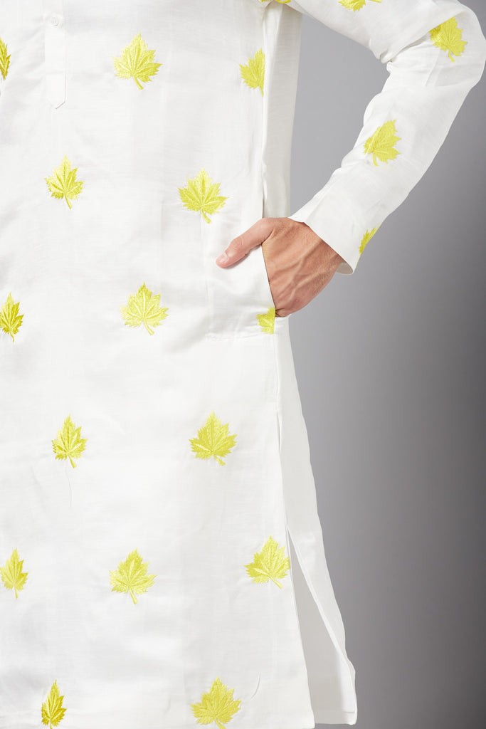 Men's White Color Morga Leaf Embroidered Kurta Linen Satin