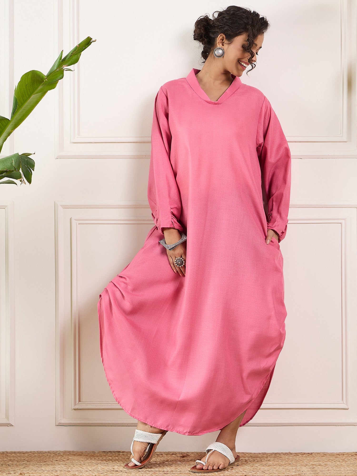 Women's Bright Pink Shawl Neck Long Side Pleat Dress - InWeave