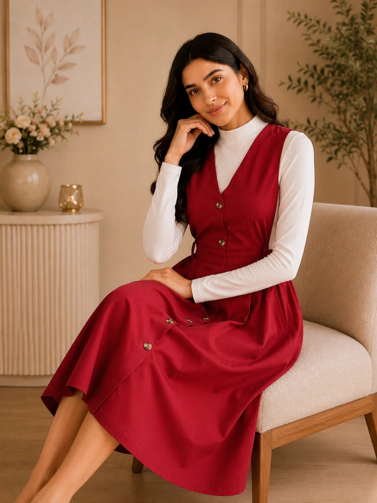 Women's Solid Maroon Button-Down Pinafore Dress