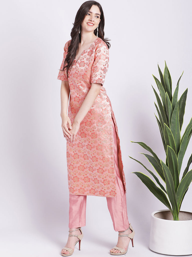 Women's Peach Banarsi Straight Kurti With Pants