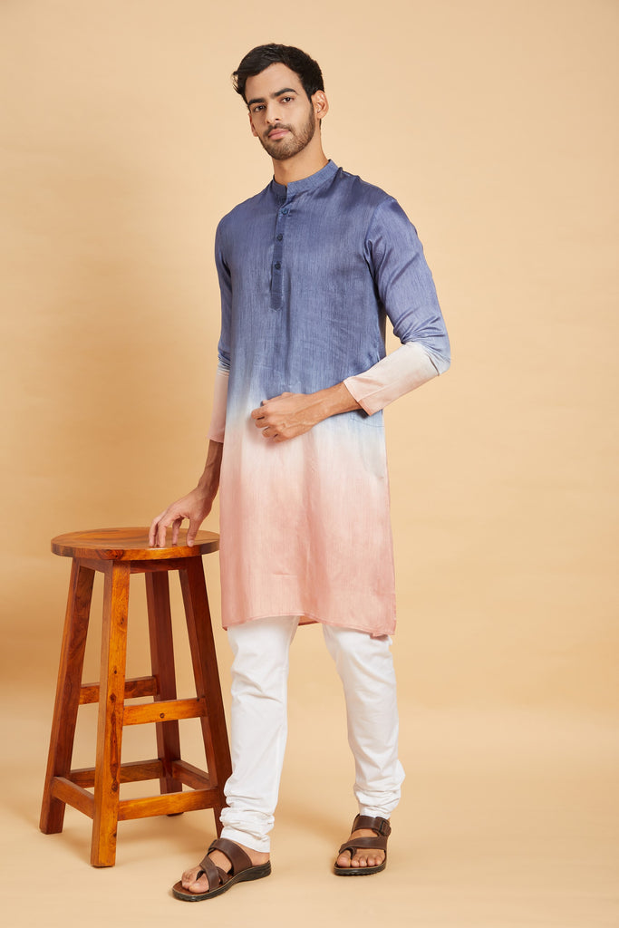 Men's Blue Color Waikawa Ombre Kurta Without Slit Silk