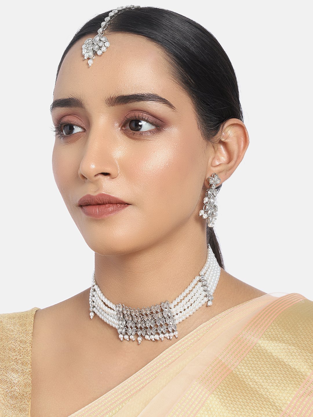 Women's Silver Plated White Crystal Beads with Stone Studded Choker Necklace Set