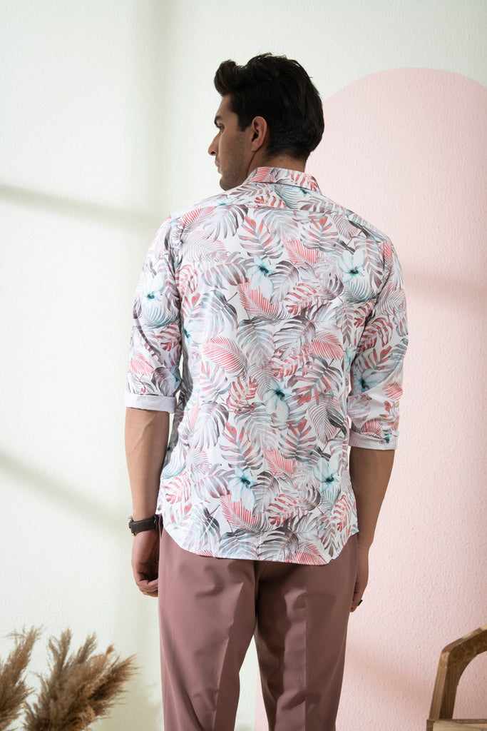 Men's White Color Tropical Full Sleeves Shirt