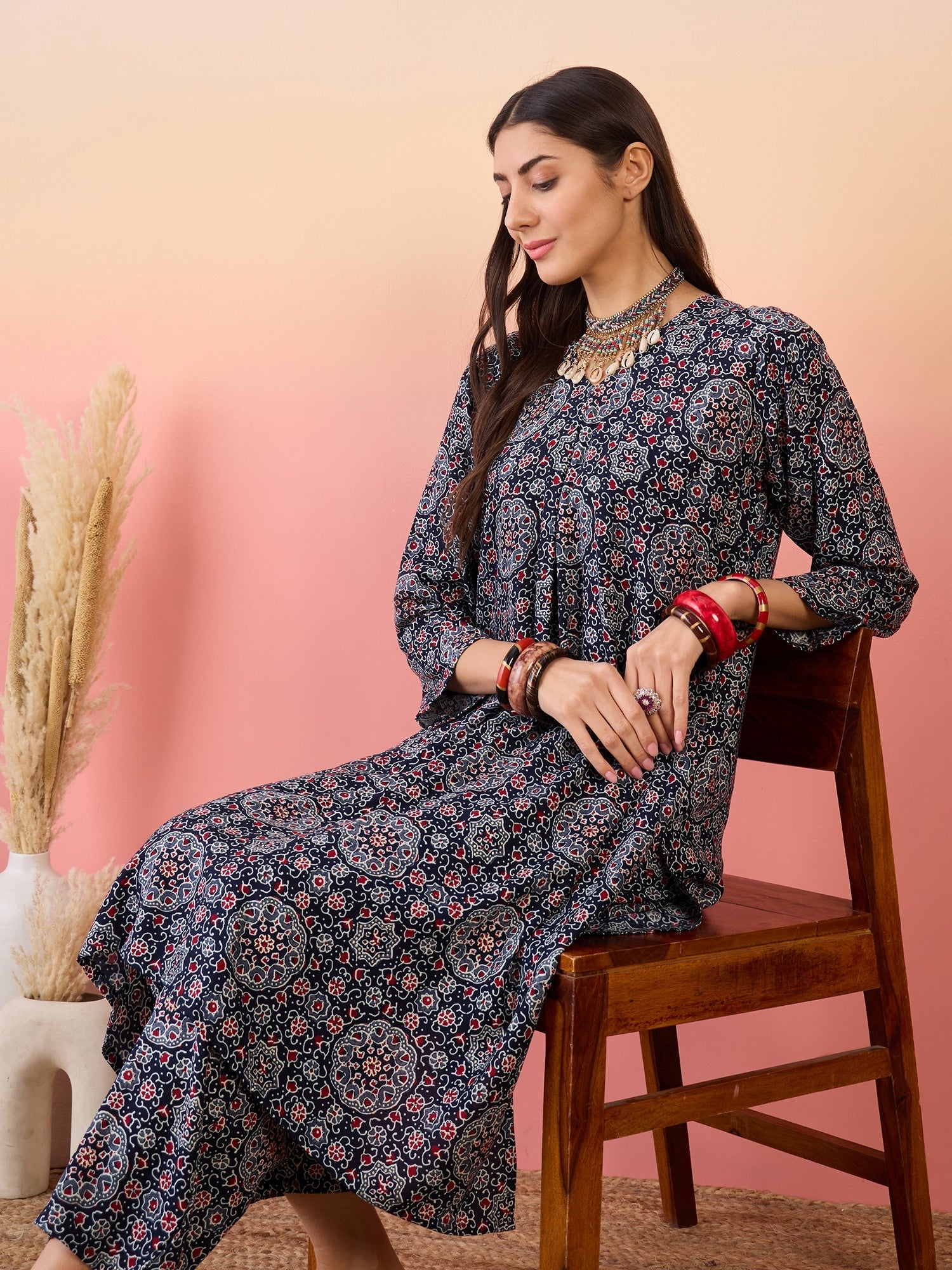 Women's Navy Maroon Ajrakh Foil V Neck Kurta Pant Set - InWeave