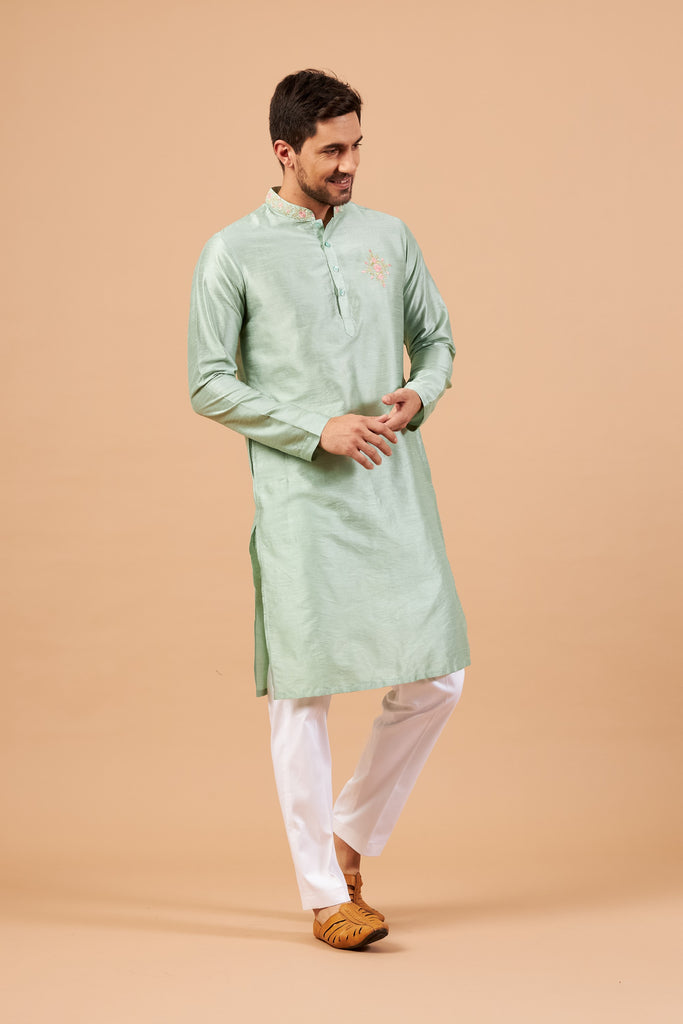 Men's Pastel Green Color Amil Traditional Embroidered Kurta Semi Raw Silk Mix