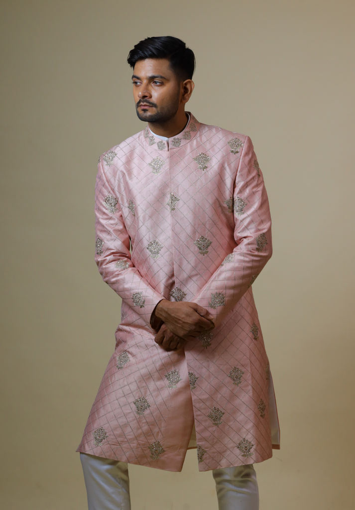 Men's Light Coral Embroidered Designer Sherwani
